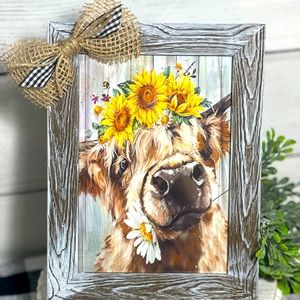 Cute Farmhouse Highland Cow with Sunflower Crown Frames Art